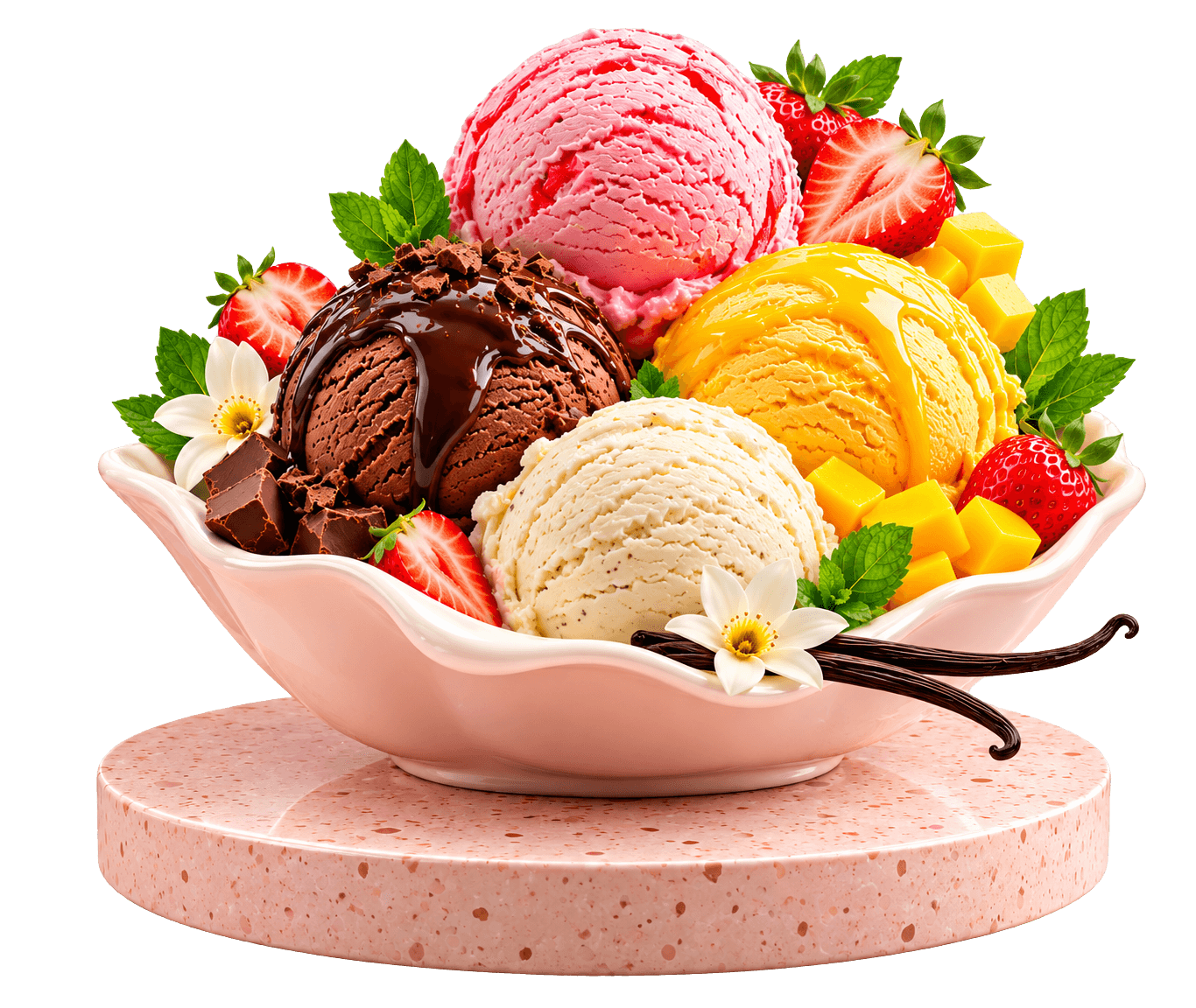 Pink bowl filled with strawberry, chocolate, vanilla and mango ice cream on a pink stone pedestal