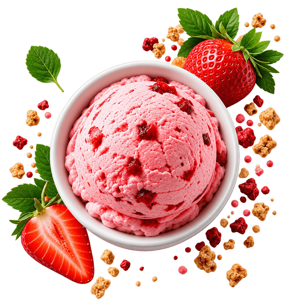 Strawberry and vanilla scoops with fresh strawberries