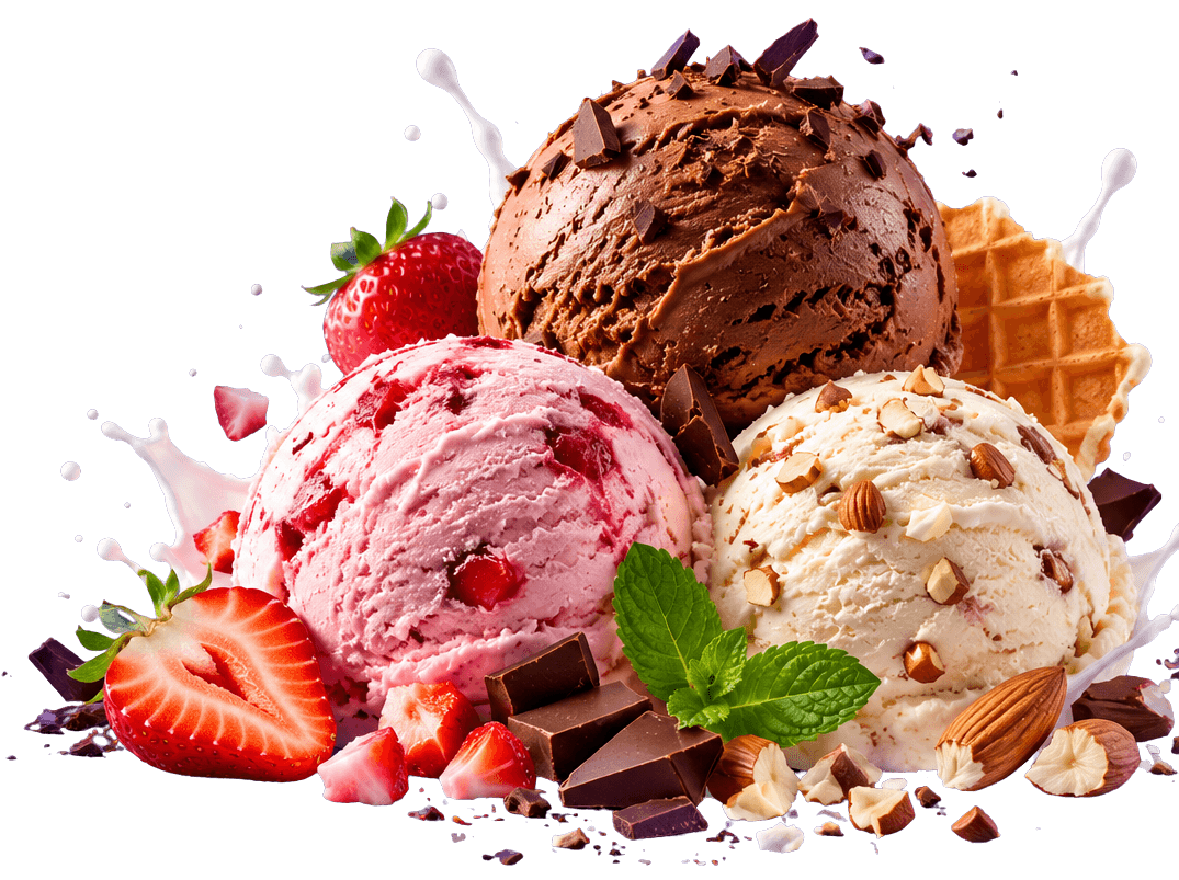 Chocolate, berry, and vanilla ice cream scoops with fresh ingredients