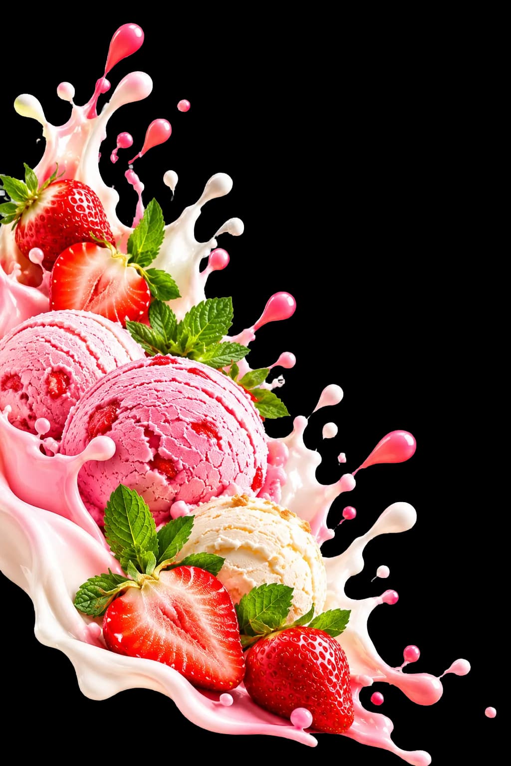 Strawberry and vanilla scoops with strawberries and waffle