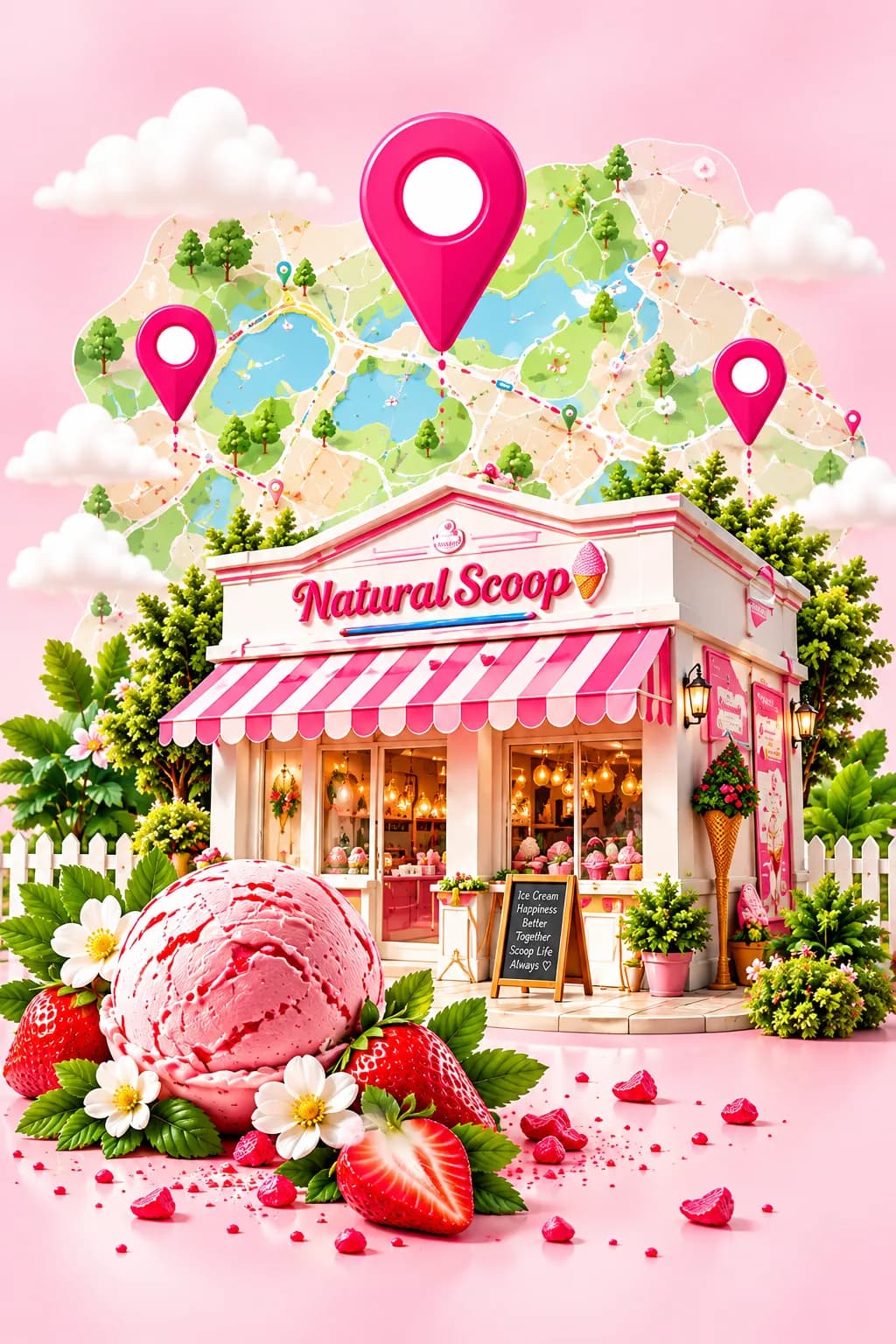 Natural Scoop store surrounded by location pins