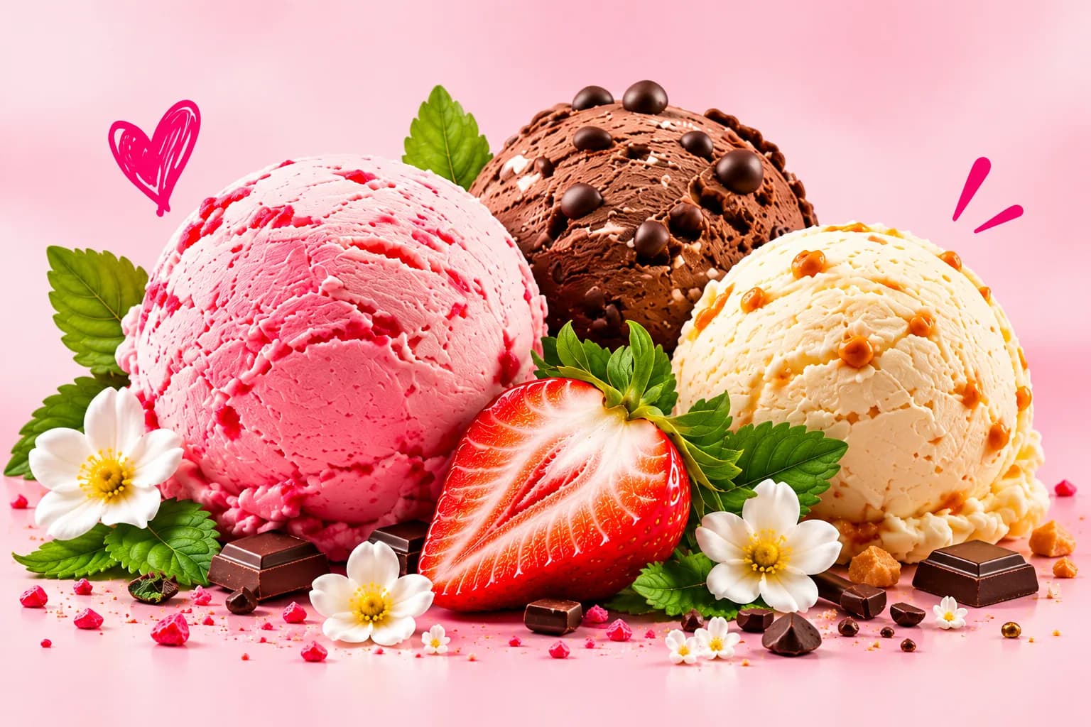 Three Natural Scoop ice cream scoops with strawberries, leaves and flowers