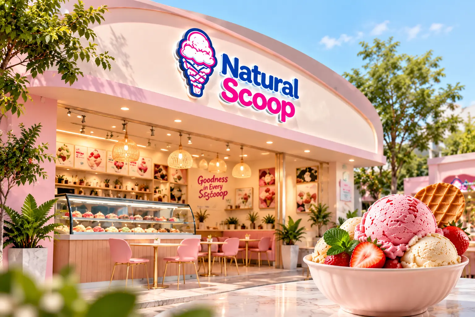 Natural Scoop ice cream store with a display counter and fresh scoops