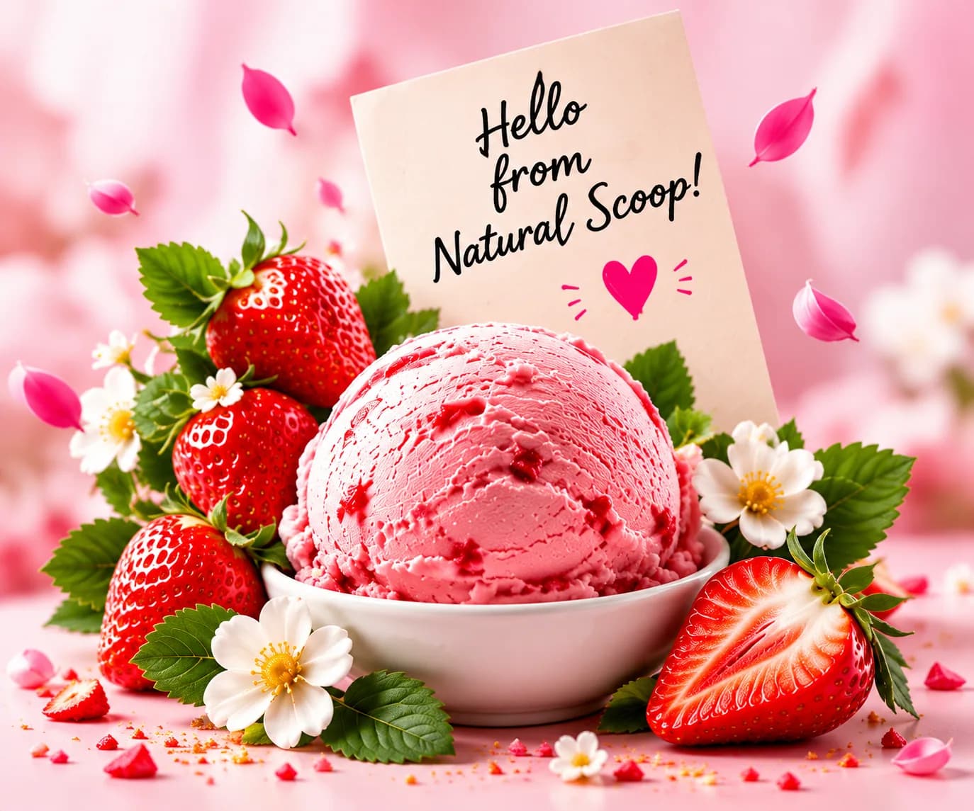 Strawberry ice cream with fresh strawberries and flowers