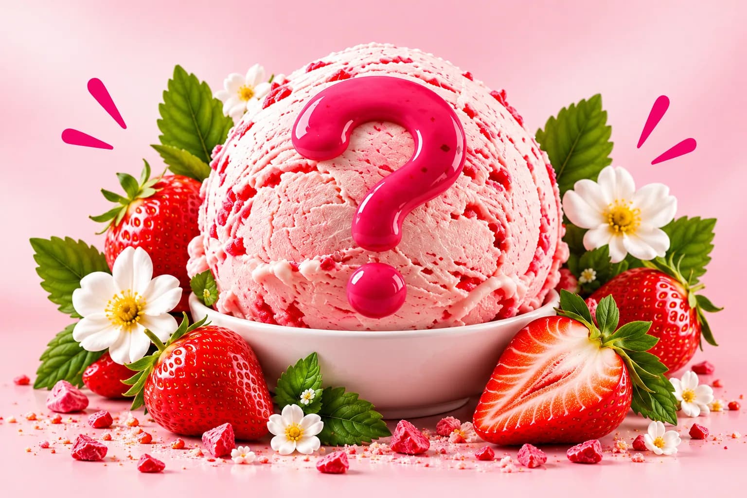 Strawberry ice cream scoop with a question mark surrounded by strawberries and flowers