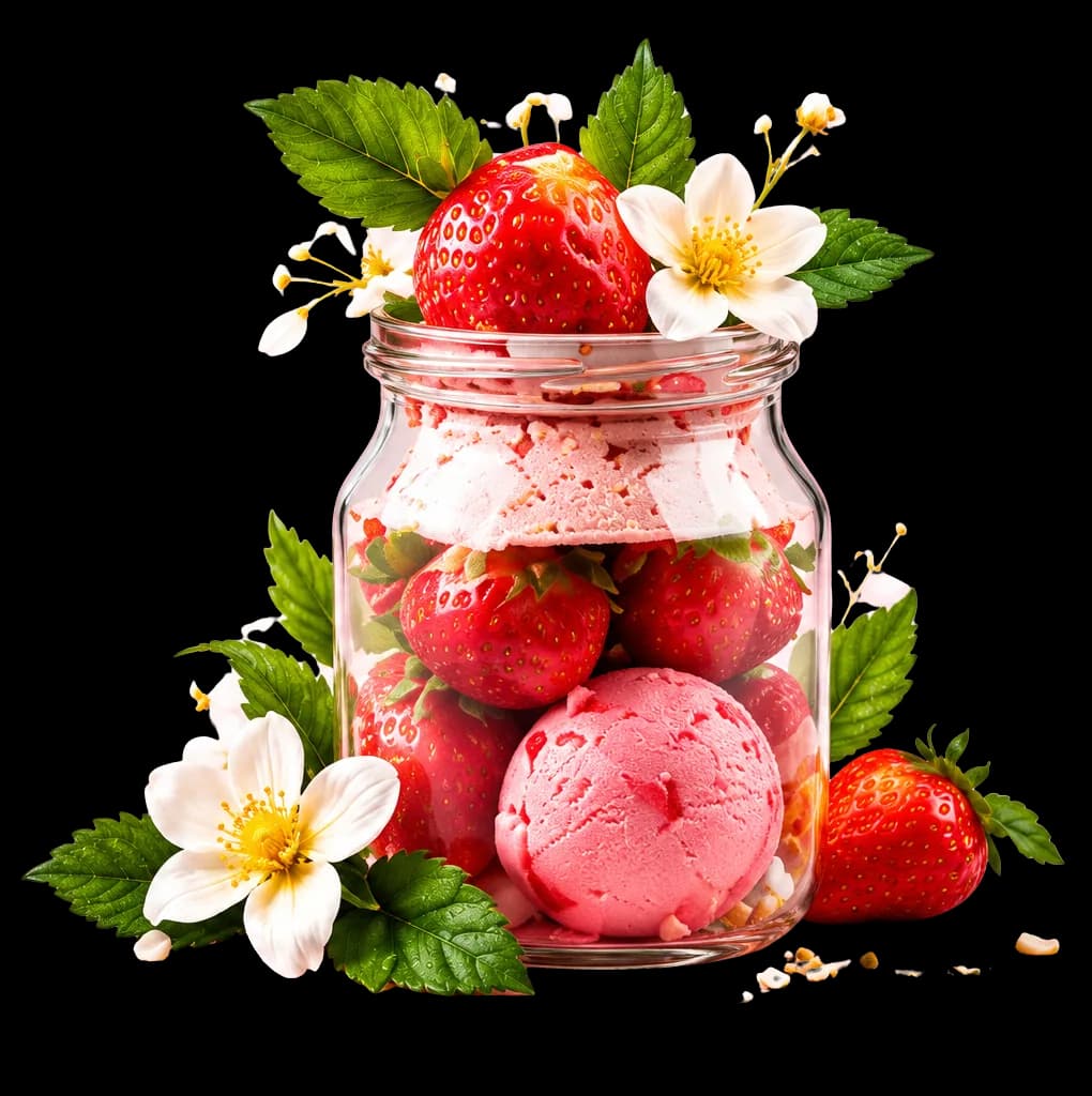 Strawberry ice cream with fresh strawberries and flowers