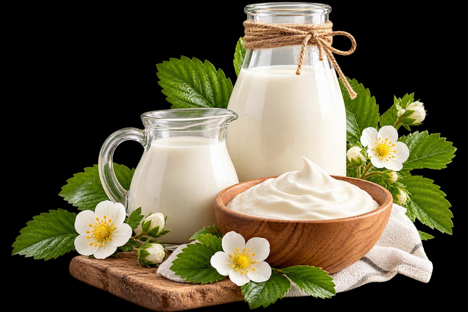 Fresh milk with natural leaves and blossoms