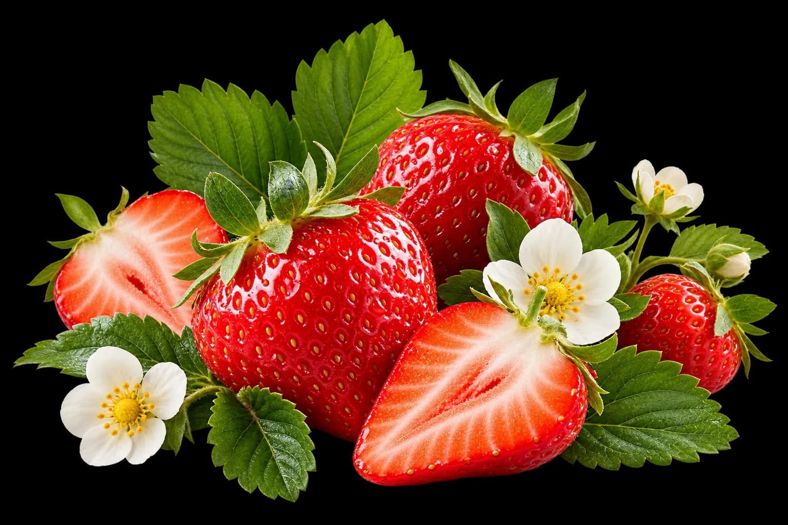 Fresh strawberries with leaves and blossoms