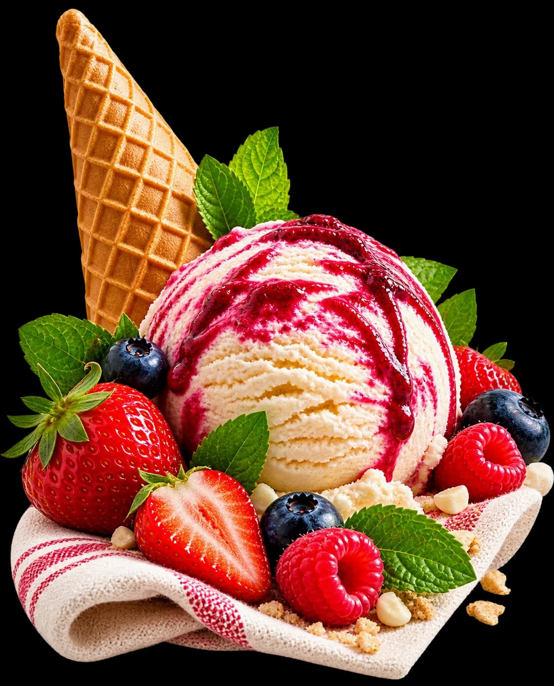Natural Scoop ice cream with waffle cone and berries