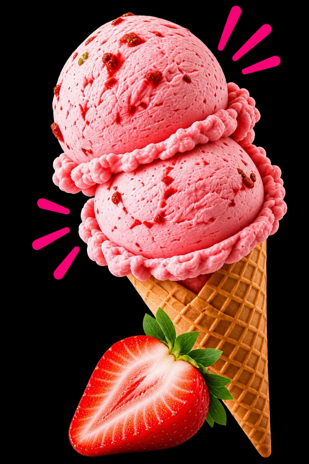 Two scoops of strawberry ice cream with a fresh strawberry