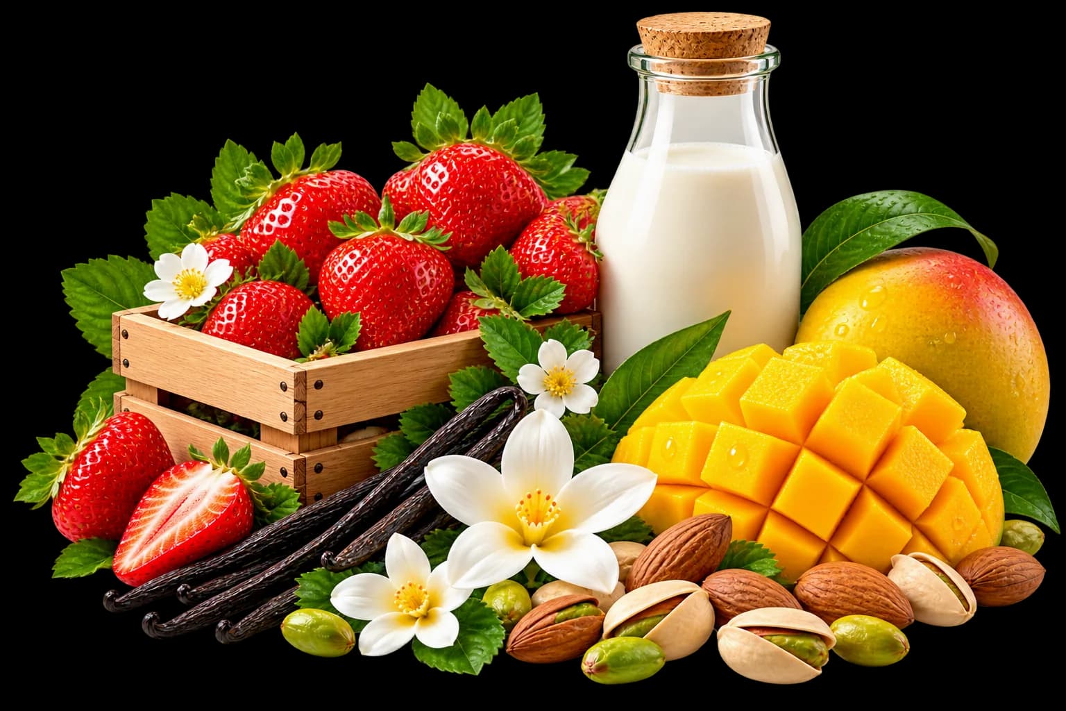 Fresh fruits, milk, nuts and natural ingredients