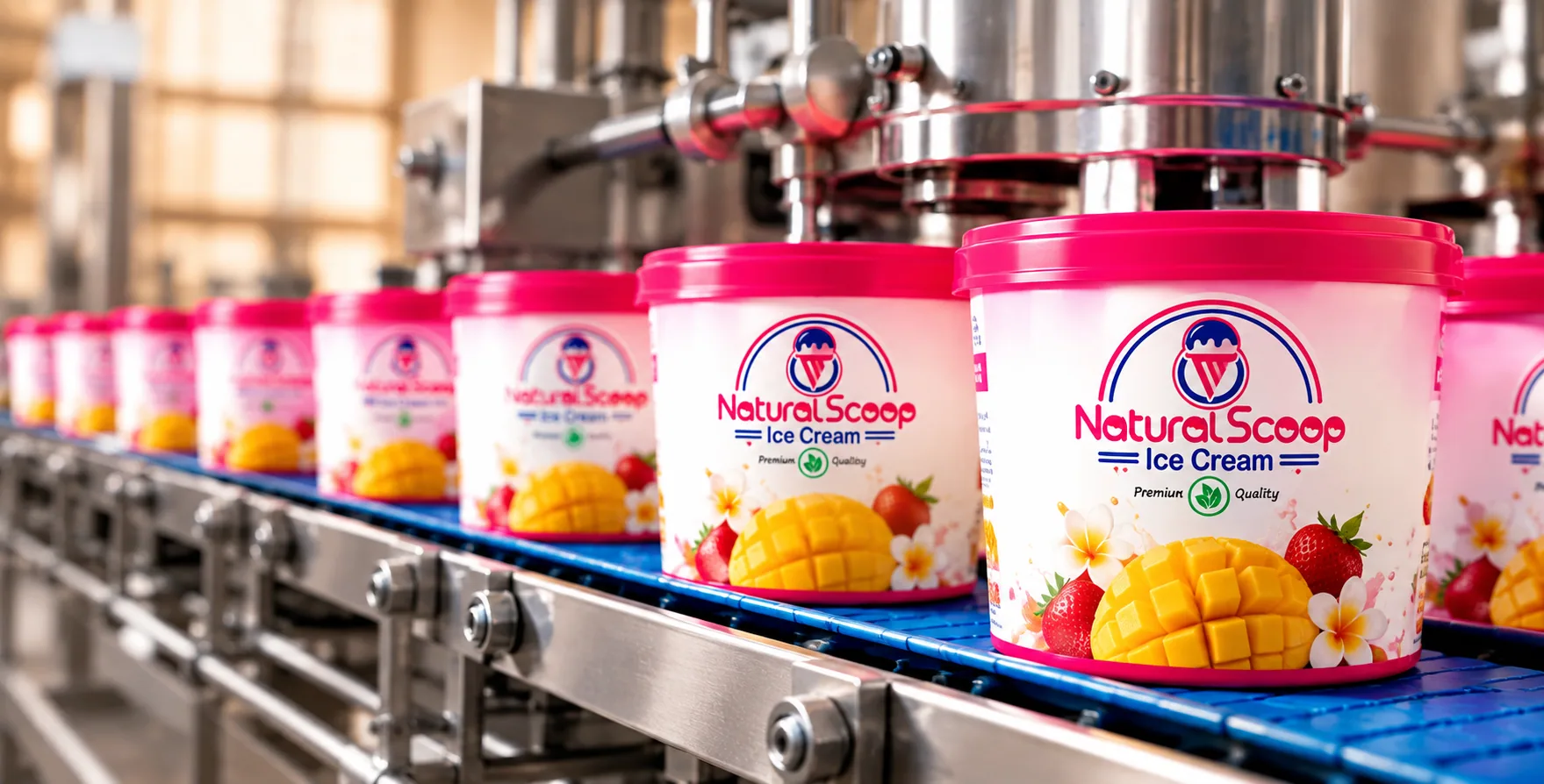 Natural Scoop ice cream containers being packed on a production line