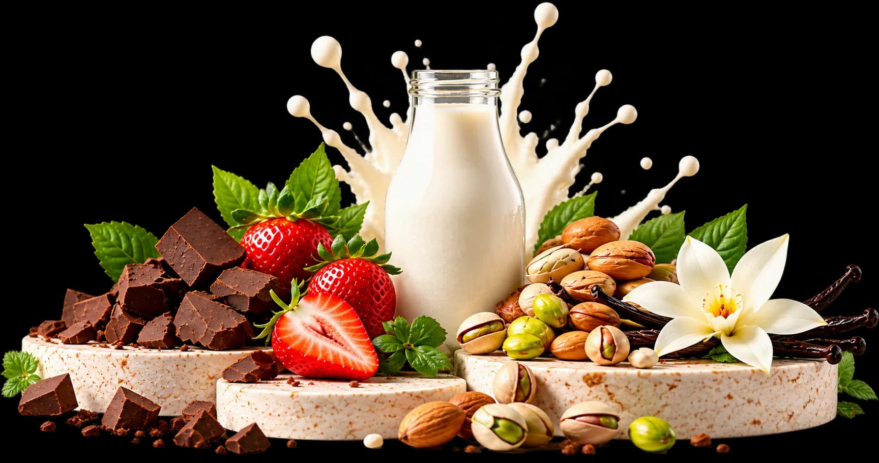 Milk, strawberries, chocolate, nuts and vanilla ingredients
