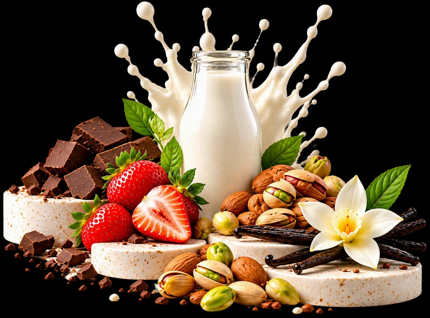 Milk, strawberries, chocolate, nuts and vanilla ingredients