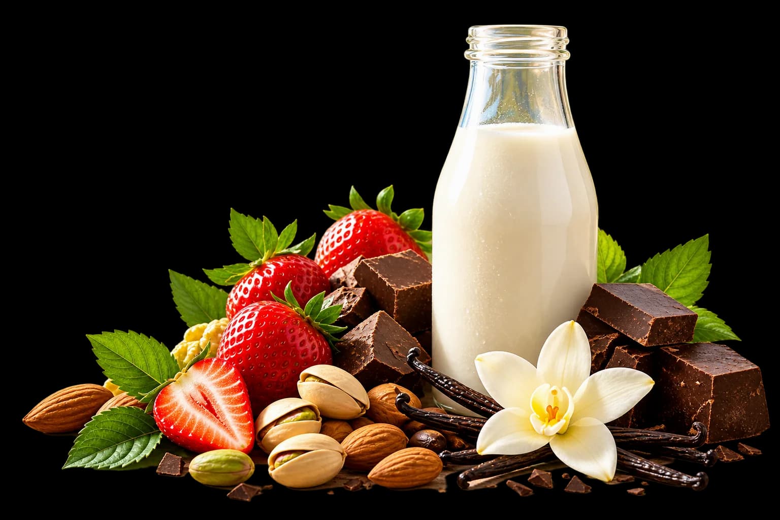 Milk, strawberries, chocolate, nuts and vanilla