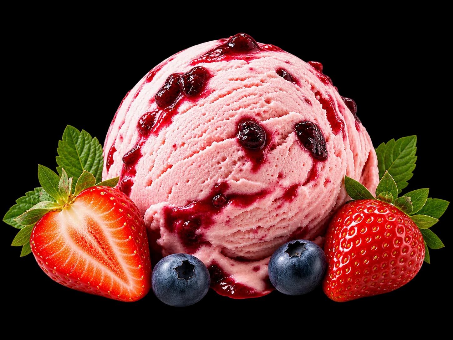 Berry ice cream with strawberries and blueberries