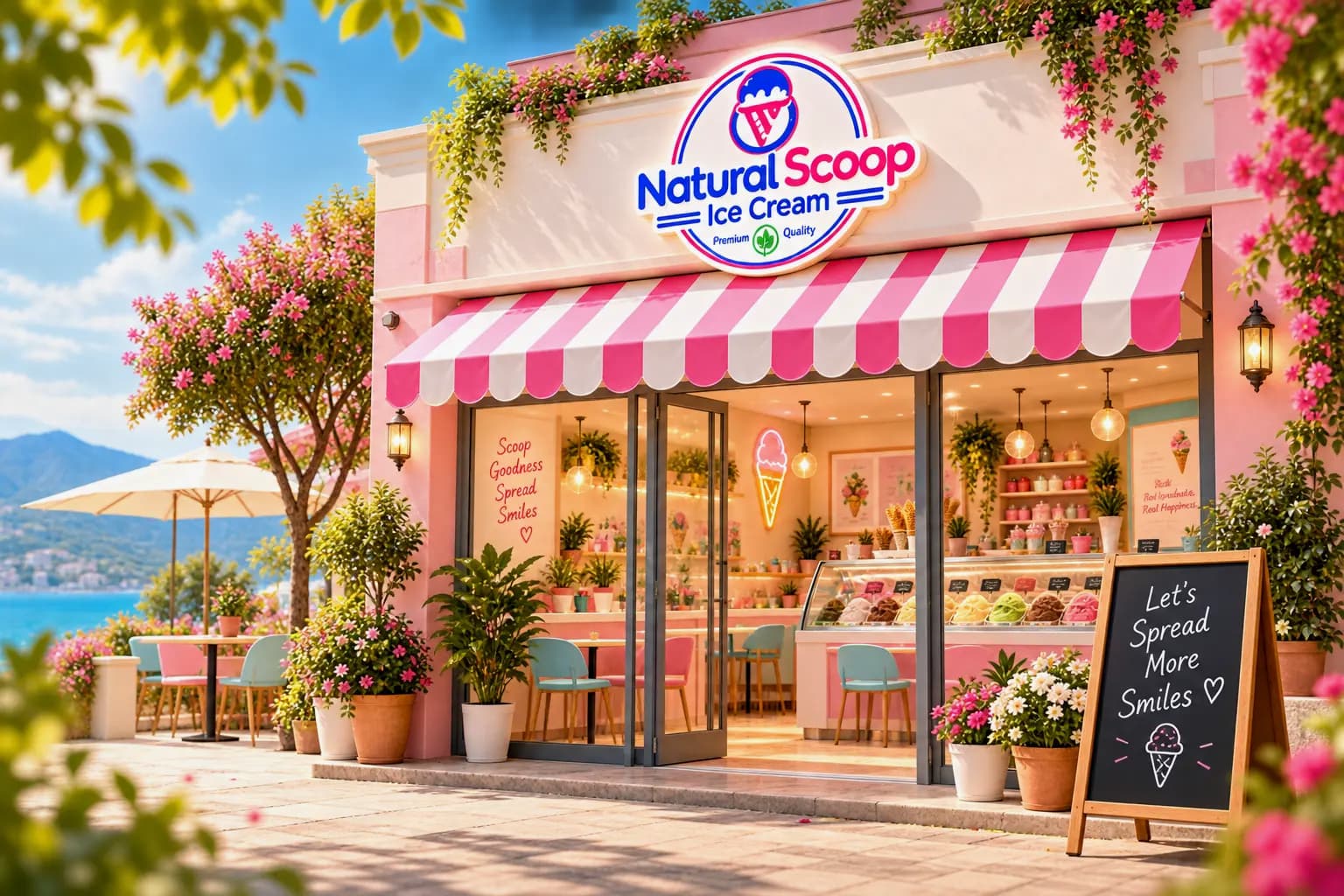 Natural Scoop ice cream storefront with a pink striped awning and colourful ice cream display