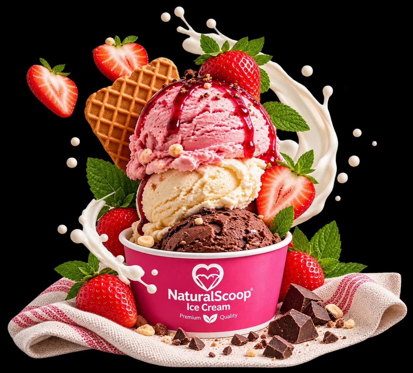 Strawberry, vanilla and chocolate ice cream sundae with a waffle and a milk splash