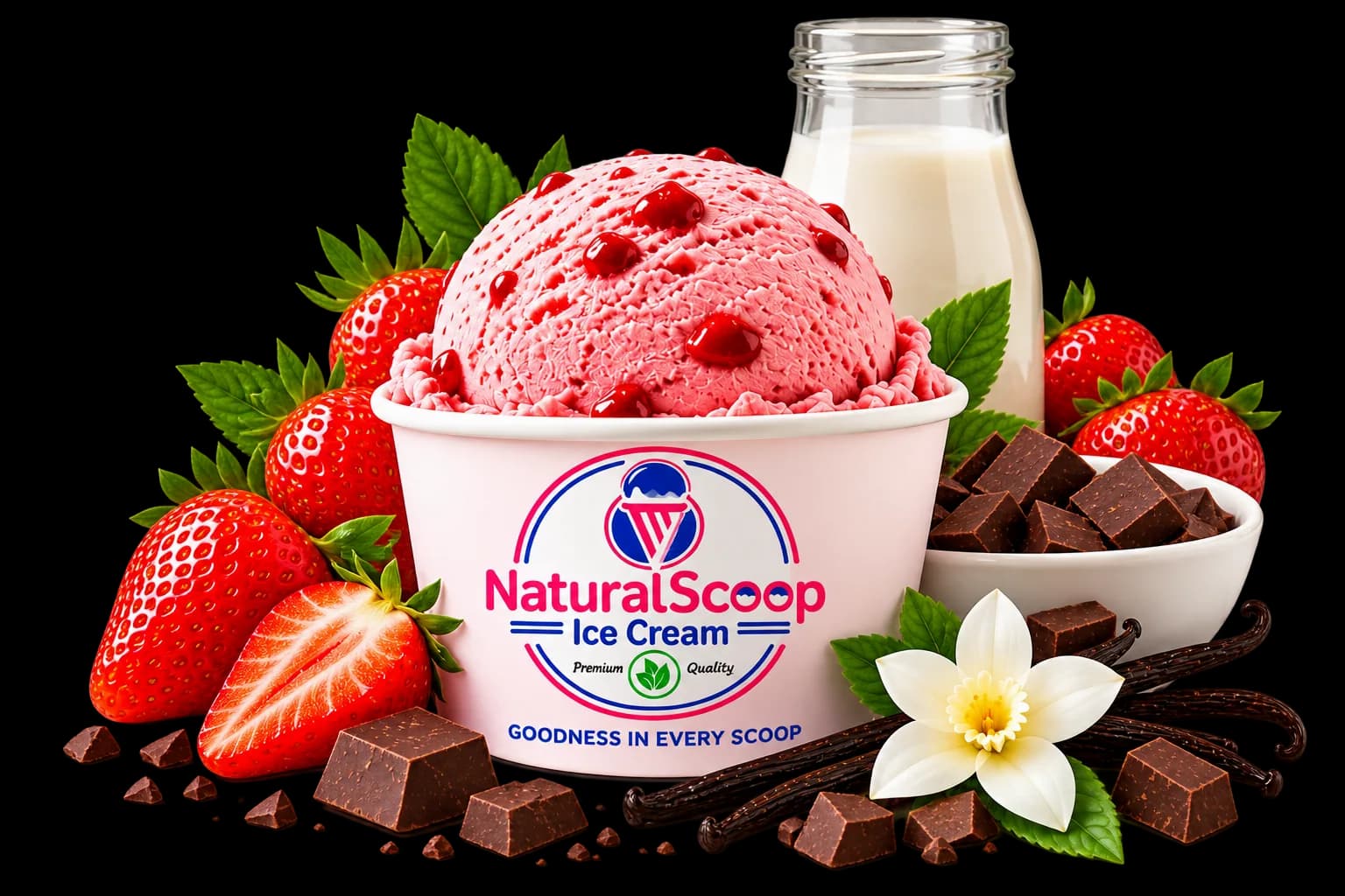 NaturalScoop strawberry ice cream with strawberries, chocolate and vanilla