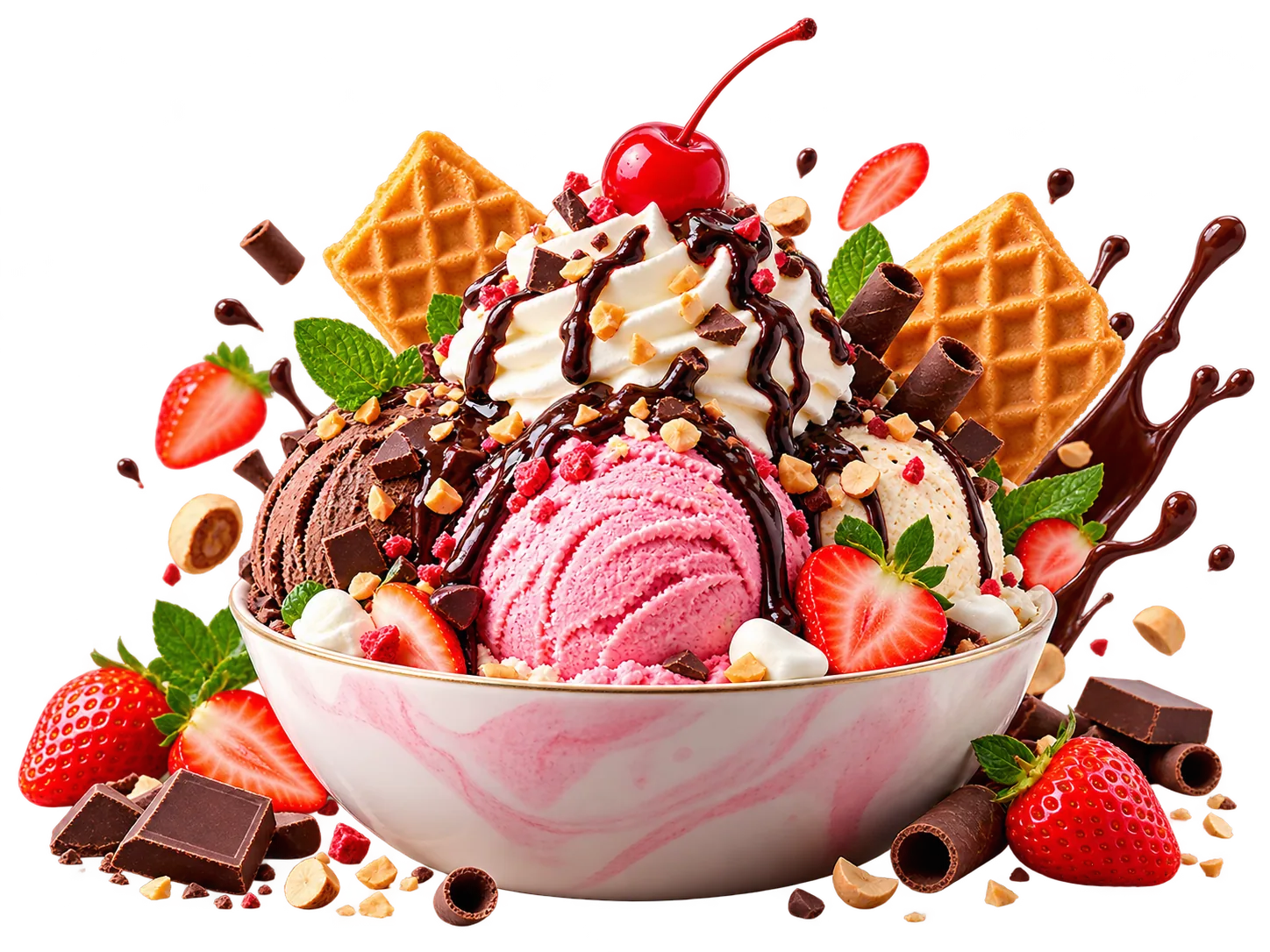 Bowl of strawberry, vanilla and chocolate ice cream with a waffle