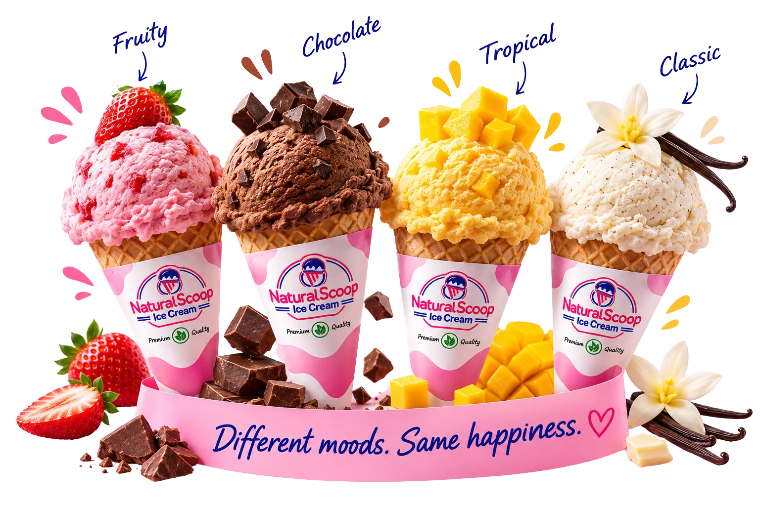 Natural Scoop Flavour Finder with chocolate, fruity, tropical and classic ice cream cones