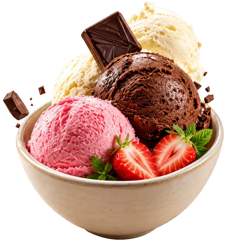 Bowl of chocolate, vanilla and strawberry ice cream topped with fresh strawberries