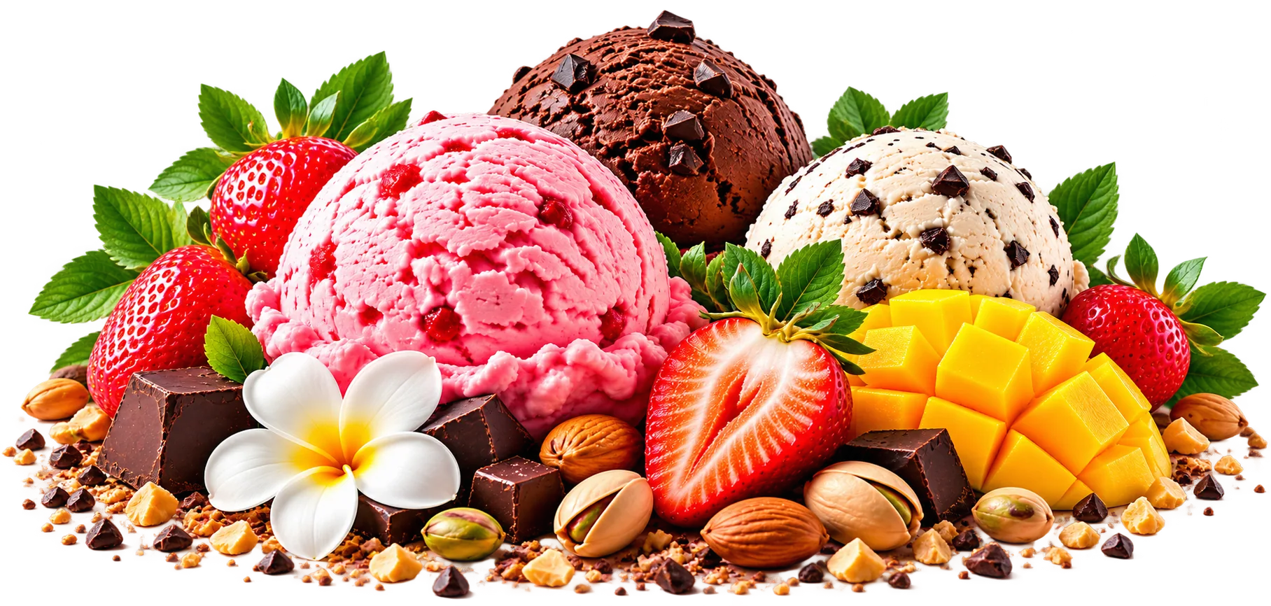Fresh ice cream scoops with strawberries, mango, chocolate and nuts
